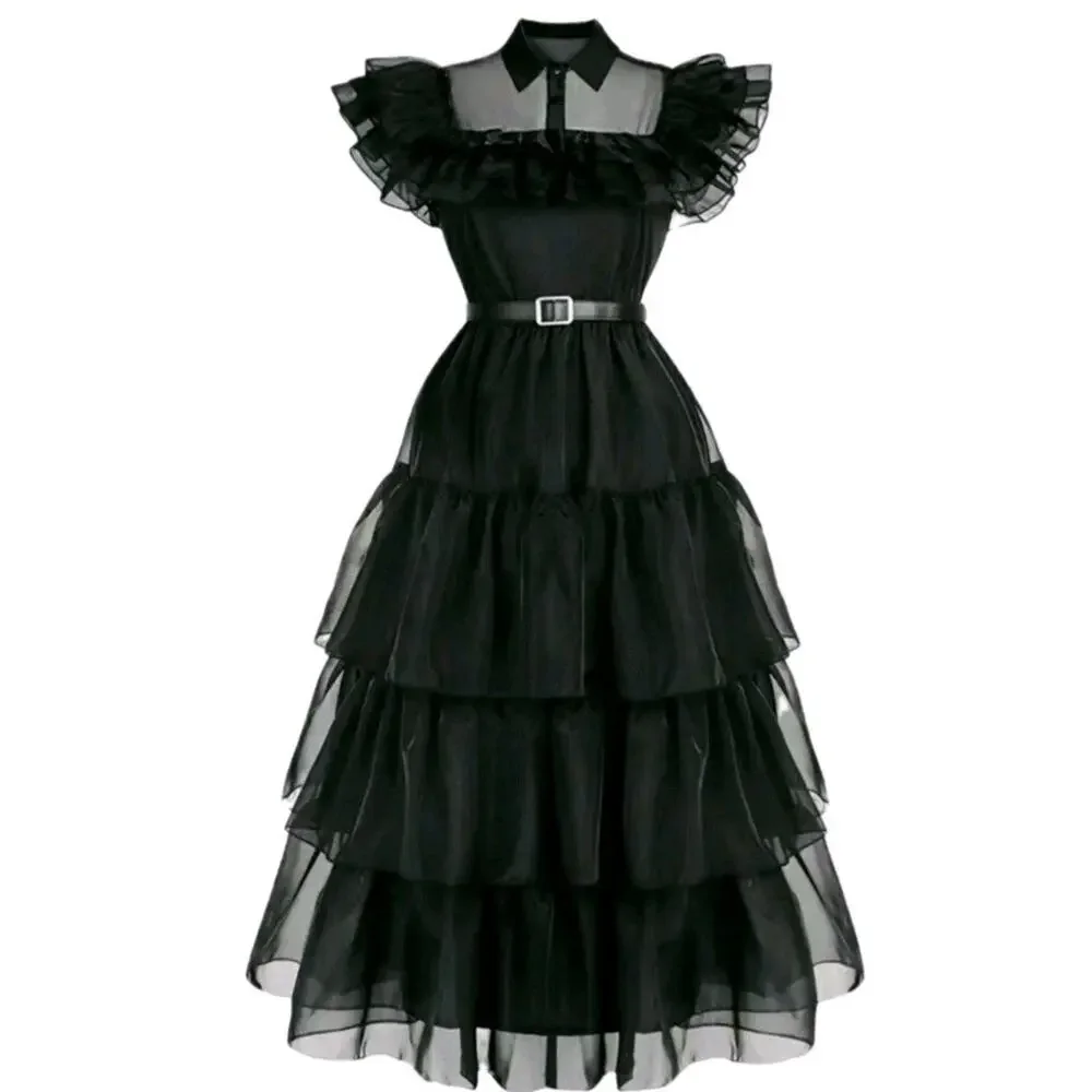 Black Halloween Organza Ruffled Lapel Dress size 140 8-10 Years Wednesday Addams